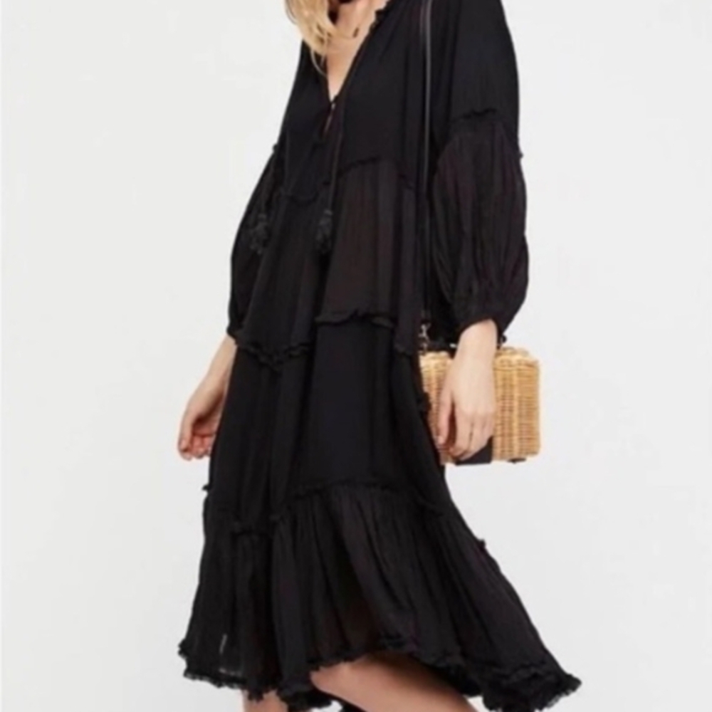 Small Free People In The Moment Black Boho Oversized Midi Dress With Sleeves